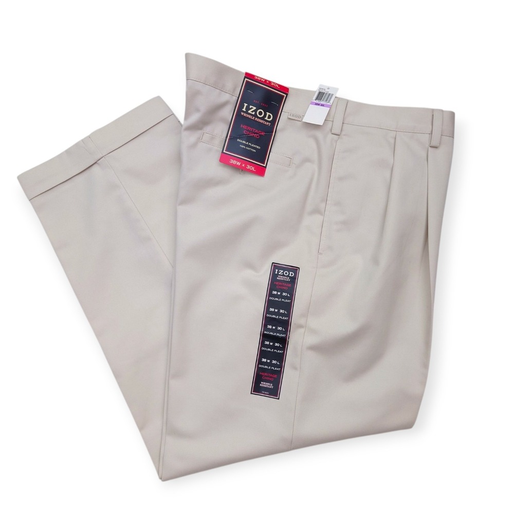Izod Pants Mens 38X30 Beige Heritage Pleated Straight Cuffed Wrinkle Resist NWT